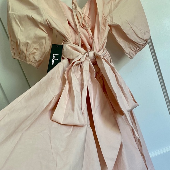 Cotton Light Pink Short Sleeve V-neck Mini Dress - Picture 6 of 6